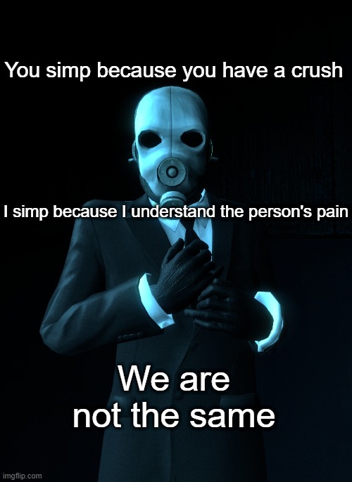We are not the same | You simp because you have a crush; I simp because I understand the person's pain; We are not the same | image tagged in gus fring we are not the same,gmod,garry's mod,funny,simp,oh wow are you actually reading these tags | made w/ Imgflip meme maker