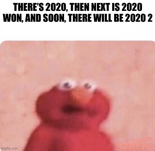 We’re in danger | THERE’S 2020, THEN NEXT IS 2020 WON, AND SOON, THERE WILL BE 2020 2 | image tagged in shook elmo,uh oh,2020,chuckles im in danger,memes,why are you reading this | made w/ Imgflip meme maker