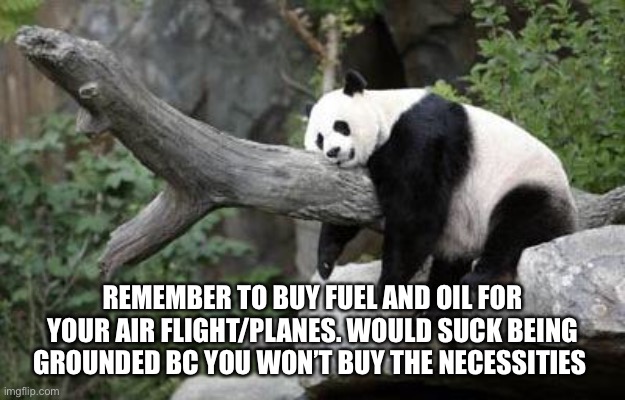(Jeb and hooker oil.inc) Fuel and oil for to and from trips, 5$ international travel. Stock up for future need | REMEMBER TO BUY FUEL AND OIL FOR YOUR AIR FLIGHT/PLANES. WOULD SUCK BEING GROUNDED BC YOU WON’T BUY THE NECESSITIES | image tagged in lazy panda | made w/ Imgflip meme maker