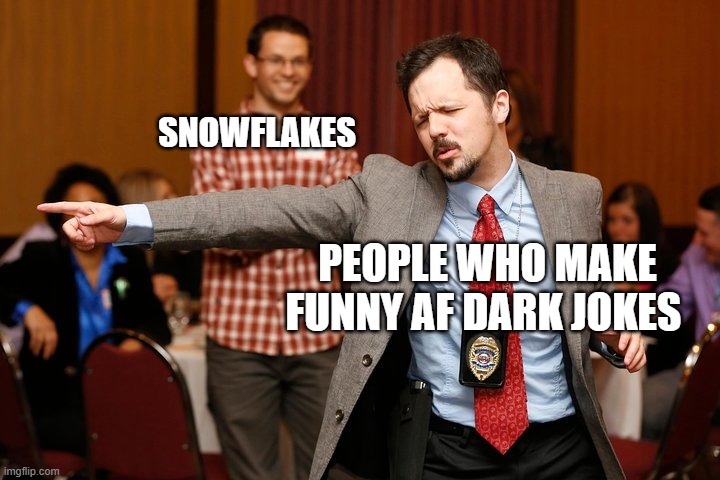 Two dudes | SNOWFLAKES; PEOPLE WHO MAKE FUNNY AF DARK JOKES | image tagged in two dudes | made w/ Imgflip meme maker
