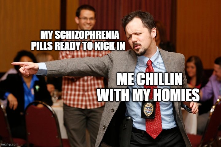 Two dudes | MY SCHIZOPHRENIA PILLS READY TO KICK IN; ME CHILLIN WITH MY HOMIES | image tagged in two dudes | made w/ Imgflip meme maker