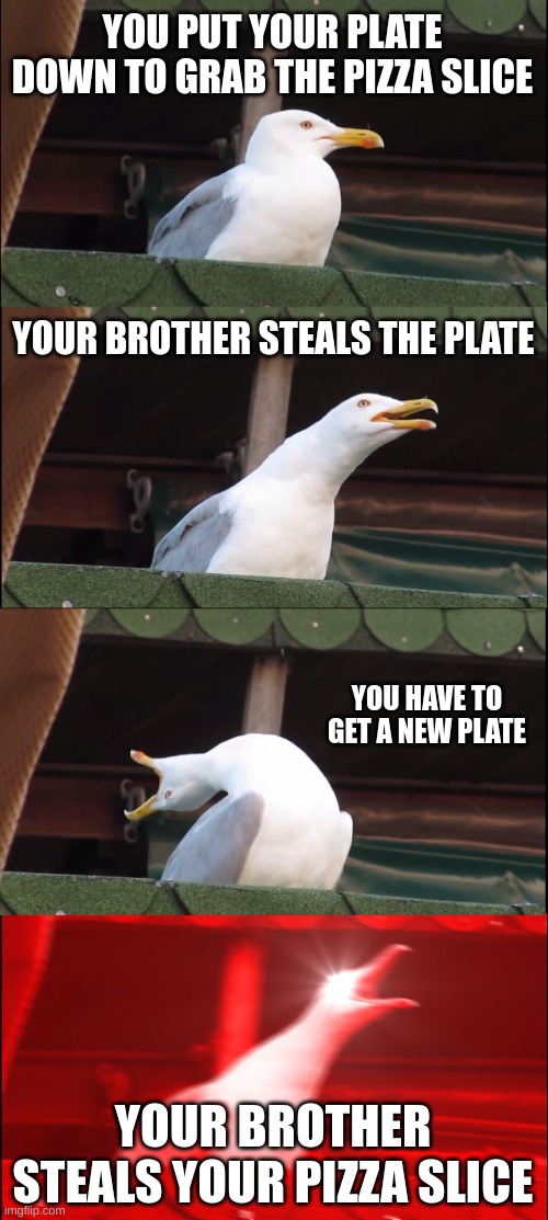 Based Off a True Story | YOU PUT YOUR PLATE DOWN TO GRAB THE PIZZA SLICE; YOUR BROTHER STEALS THE PLATE; YOU HAVE TO GET A NEW PLATE; YOUR BROTHER STEALS YOUR PIZZA SLICE | image tagged in memes,inhaling seagull | made w/ Imgflip meme maker