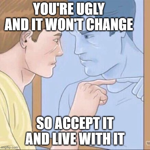 my morning | YOU'RE UGLY AND IT WON'T CHANGE; SO ACCEPT IT AND LIVE WITH IT | image tagged in pointing mirror guy | made w/ Imgflip meme maker