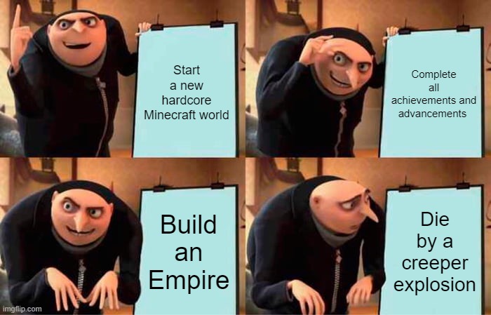Gru's Plan | Start a new hardcore Minecraft world; Complete all achievements and advancements; Build an Empire; Die by a creeper explosion | image tagged in memes,gru's plan | made w/ Imgflip meme maker