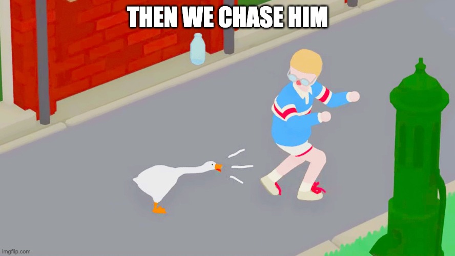 Untitled goose game | THEN WE CHASE HIM | image tagged in untitled goose game | made w/ Imgflip meme maker