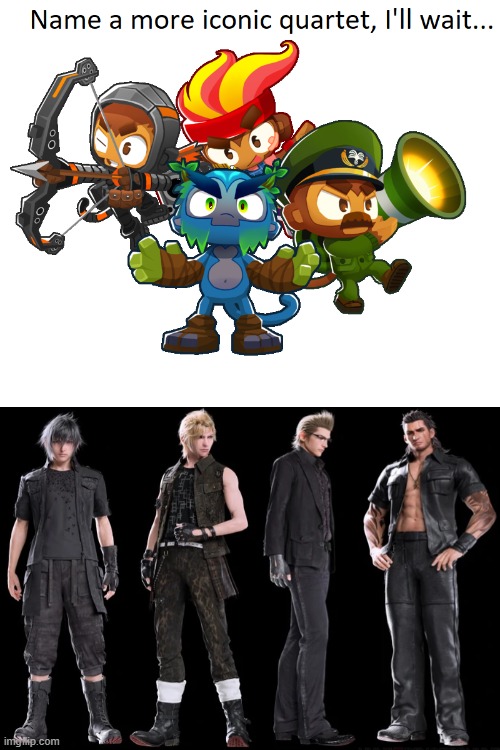 Noctis, Prompto, Ignis, and Gladiolus | image tagged in name a more iconic quartet | made w/ Imgflip meme maker