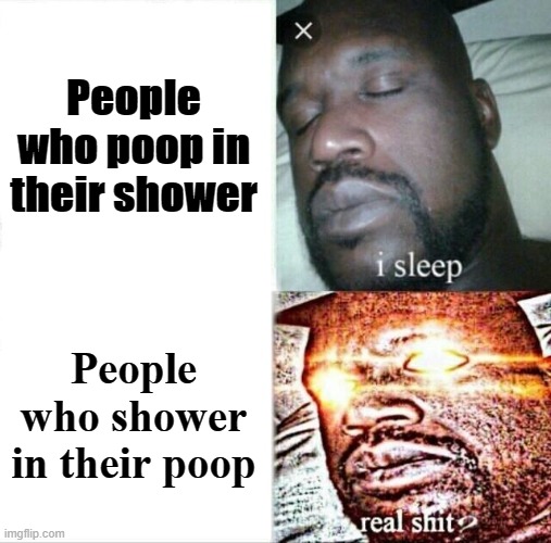 Poop is poop Shaq | People who poop in their shower; People who shower in their poop | image tagged in memes,sleeping shaq | made w/ Imgflip meme maker