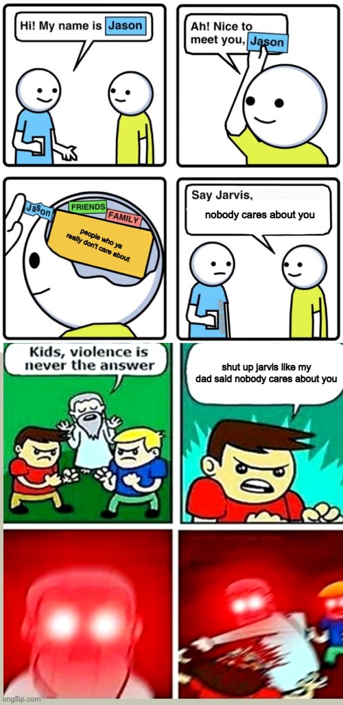 nobody cares about you; people who ya really don't care about; shut up jarvis like my dad said nobody cares about you | image tagged in jenkins comic | made w/ Imgflip meme maker