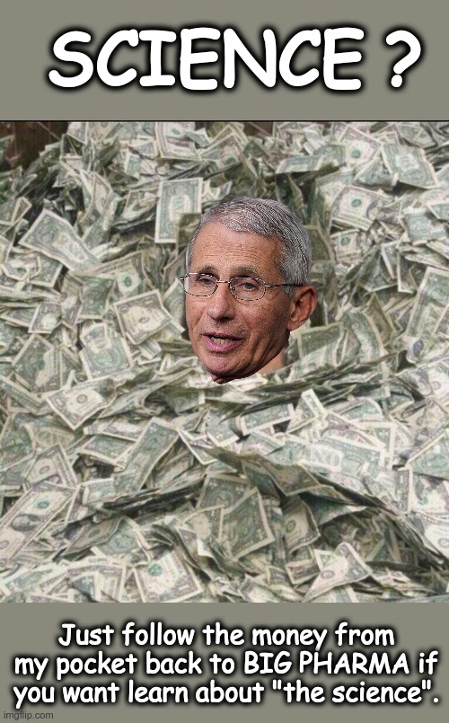 It's all about the money.. | SCIENCE ? Just follow the money from my pocket back to BIG PHARMA if you want learn about "the science". | image tagged in drowining in money,big pharma,dr fauci,payday | made w/ Imgflip meme maker