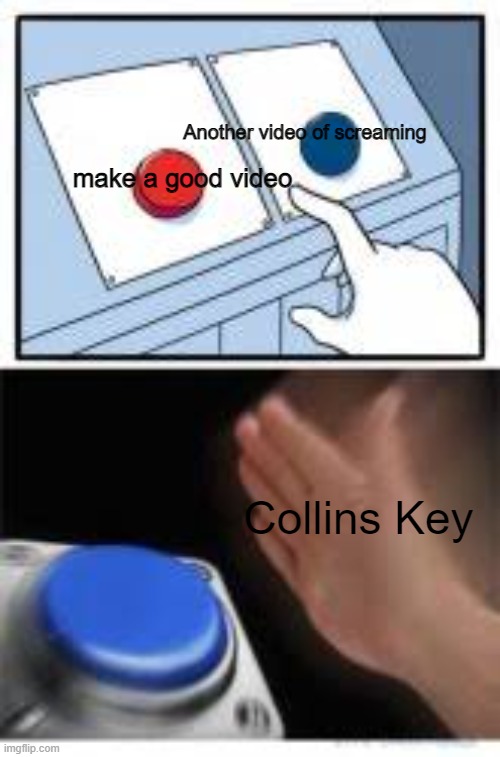 Please stop Collins | Another video of screaming; make a good video; Collins Key | image tagged in red and blue buttons | made w/ Imgflip meme maker