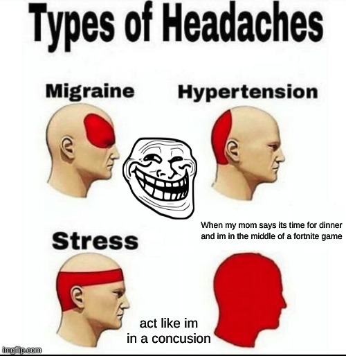 Types of Headaches meme | When my mom says its time for dinner and im in the middle of a fortnite game; act like im in a concusion | image tagged in types of headaches meme | made w/ Imgflip meme maker