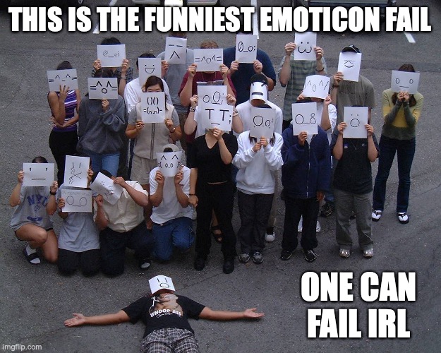 IRl Emoticon Fail | THIS IS THE FUNNIEST EMOTICON FAIL; ONE CAN FAIL IRL | image tagged in fail,emoticons,memes | made w/ Imgflip meme maker