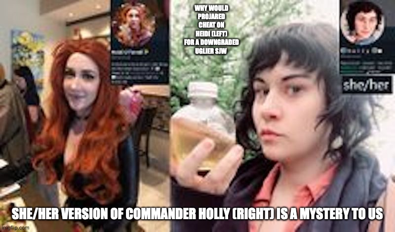 ProJared Girls Comparison | WHY WOULD PROJARED CHEAT ON HEIDI (LEFT) FOR A DOWNGRADED UGLIER SJW; SHE/HER VERSION OF COMMANDER HOLLY (RIGHT) IS A MYSTERY TO US | image tagged in projared,memes,youtube | made w/ Imgflip meme maker