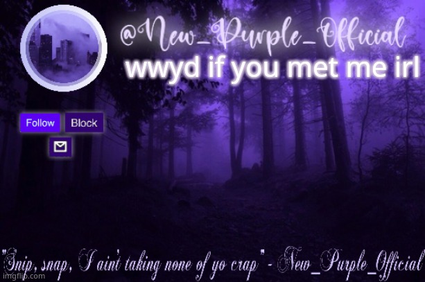 Purple's Announcement | wwyd if you met me irl | image tagged in purple's announcement | made w/ Imgflip meme maker