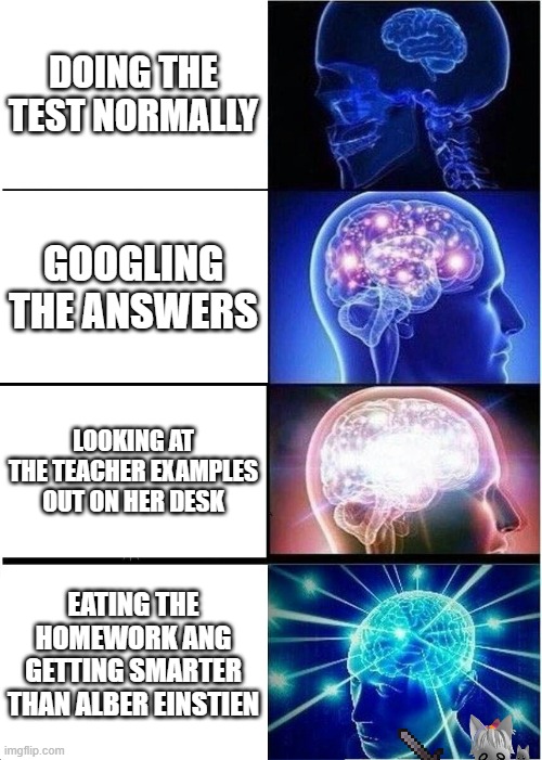 oh look at the bottom right corner | DOING THE TEST NORMALLY; GOOGLING THE ANSWERS; LOOKING AT THE TEACHER EXAMPLES OUT ON HER DESK; EATING THE HOMEWORK ANG GETTING SMARTER THAN ALBER EINSTIEN | image tagged in memes,expanding brain | made w/ Imgflip meme maker