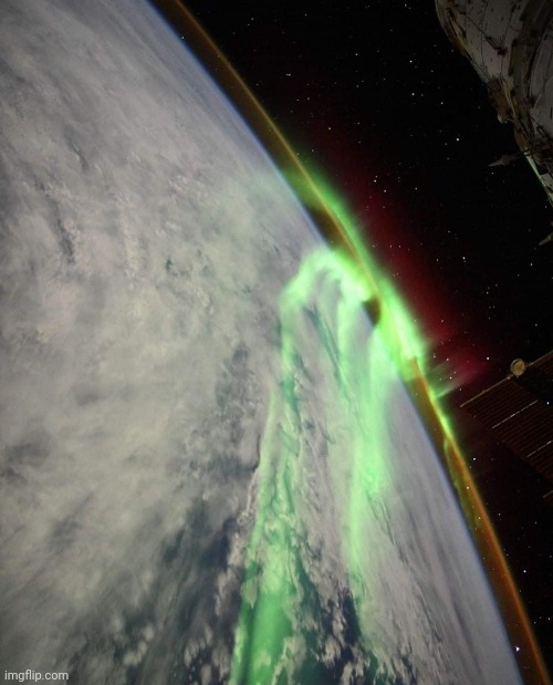 Aurora from space. Photo by: @thom_astro | image tagged in aurora,space,earth,phenomena,awesome,pic | made w/ Imgflip meme maker