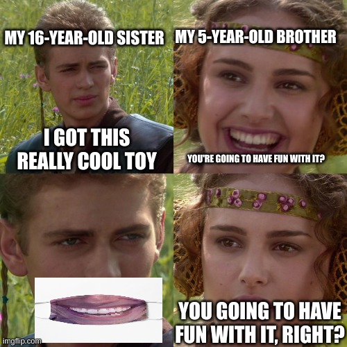 *Inhale* Yes Finally | MY 16-YEAR-OLD SISTER; MY 5-YEAR-OLD BROTHER; I GOT THIS REALLY COOL TOY; YOU'RE GOING TO HAVE FUN WITH IT? YOU GOING TO HAVE FUN WITH IT, RIGHT? | image tagged in anakin padme 4 panel | made w/ Imgflip meme maker