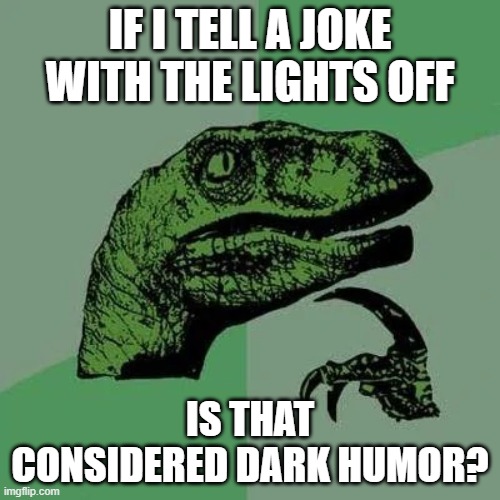 raptor asking questions | IF I TELL A JOKE WITH THE LIGHTS OFF; IS THAT CONSIDERED DARK HUMOR? | image tagged in raptor asking questions | made w/ Imgflip meme maker