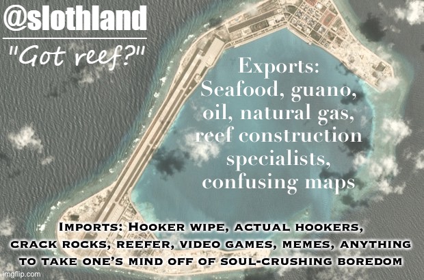 Economic overview of slothland. | Exports: Seafood, guano, oil, natural gas, reef construction specialists, confusing maps; Imports: Hooker wipe, actual hookers, crack rocks, reefer, video games, memes, anything to take one’s mind off of soul-crushing boredom | image tagged in slothland announcement template,economy,economic,overview,of,slothland | made w/ Imgflip meme maker