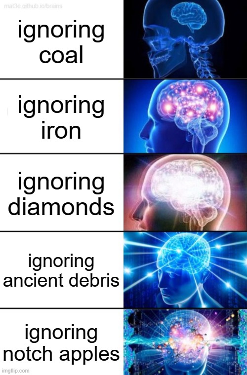 What do you ignore? | ignoring coal; ignoring iron; ignoring diamonds; ignoring ancient debris; ignoring notch apples | image tagged in 5-tier expanding brain,minecraft | made w/ Imgflip meme maker