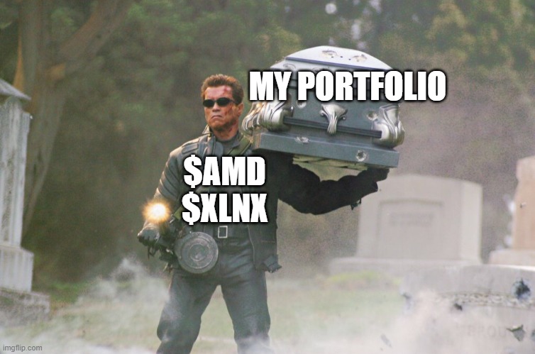 Terminator Carrying Coffin | MY PORTFOLIO; $AMD
$XLNX | image tagged in terminator carrying coffin | made w/ Imgflip meme maker