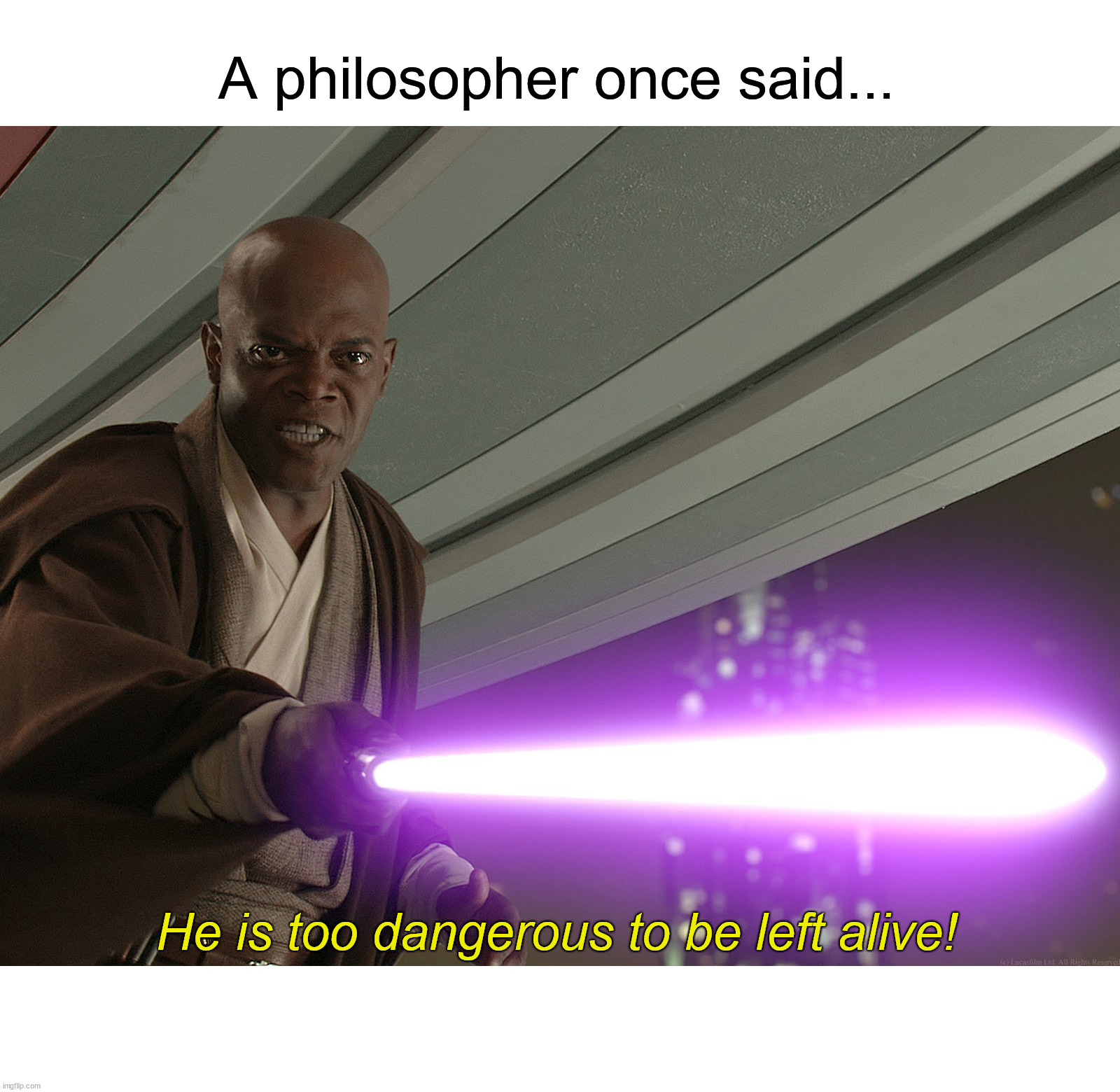 Philosophy that came true | A philosopher once said... He is too dangerous to be left alive! | image tagged in he's too dangerous to be left alive,mace windu,star wars,star wars prequels,philosopher | made w/ Imgflip meme maker