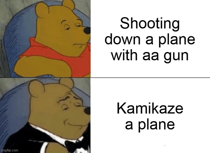 Tuxedo Winnie The Pooh Meme | Shooting down a plane with aa gun; Kamikaze a plane | image tagged in memes,tuxedo winnie the pooh | made w/ Imgflip meme maker