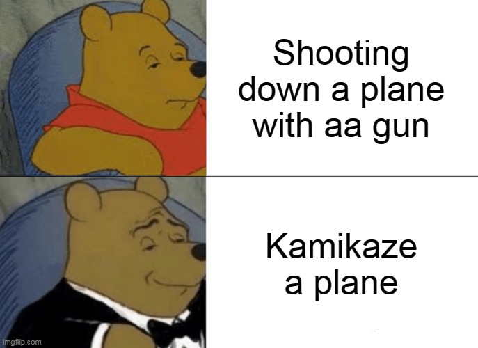 Tuxedo Winnie The Pooh | Shooting down a plane with aa gun; Kamikaze a plane | image tagged in memes,tuxedo winnie the pooh | made w/ Imgflip meme maker