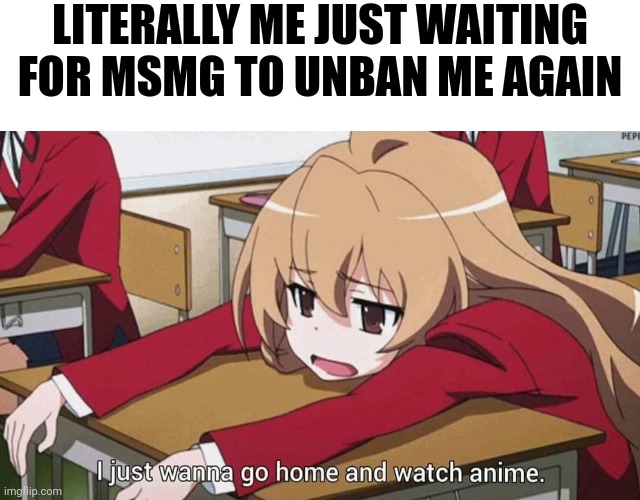 Seriously tho can they just unban me already pls | LITERALLY ME JUST WAITING FOR MSMG TO UNBAN ME AGAIN | image tagged in i just wanna go home and watch anime | made w/ Imgflip meme maker