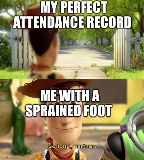 So long partner | MY PERFECT ATTENDANCE RECORD; ME WITH A SPRAINED FOOT | image tagged in so long partner | made w/ Imgflip meme maker
