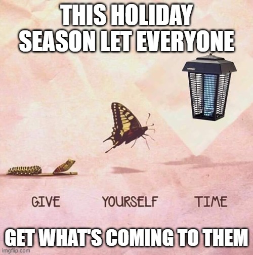 Give yourself time butterfly | THIS HOLIDAY SEASON LET EVERYONE; GET WHAT'S COMING TO THEM | image tagged in give yourself time butterfly | made w/ Imgflip meme maker