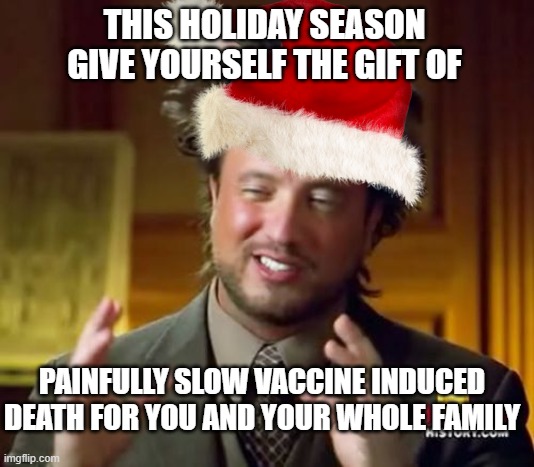 THIS HOLIDAY SEASON GIVE YOURSELF THE GIFT OF; PAINFULLY SLOW VACCINE INDUCED DEATH FOR YOU AND YOUR WHOLE FAMILY | made w/ Imgflip meme maker