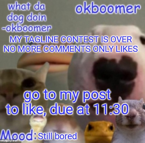 Okboomer template v4 (credit to yeetrex) | MY TAGLINE CONTEST IS OVER NO MORE COMMENTS ONLY LIKES; go to my post to like, due at 11:30; Still bored | image tagged in okboomer template v4 credit to yeetrex | made w/ Imgflip meme maker