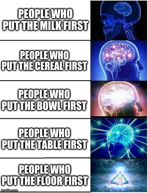 *Insert witty and creative title here* | PEOPLE WHO PUT THE MILK FIRST; PEOPLE WHO PUT THE CEREAL FIRST; PEOPLE WHO PUT THE BOWL FIRST; PEOPLE WHO PUT THE TABLE FIRST; PEOPLE WHO PUT THE FLOOR FIRST | image tagged in expanding brain 5 panel | made w/ Imgflip meme maker