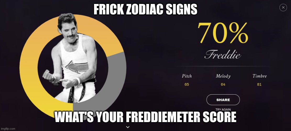 i got a 95 once | FRICK ZODIAC SIGNS; WHAT'S YOUR FREDDIEMETER SCORE | image tagged in memes,funny,zodiac,frick zodiac signs,freddie mercury,queen | made w/ Imgflip meme maker