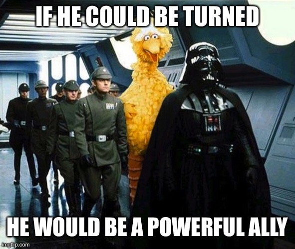 You are unwise to lower your defenses! | IF HE COULD BE TURNED; HE WOULD BE A POWERFUL ALLY | image tagged in vader big bird | made w/ Imgflip meme maker
