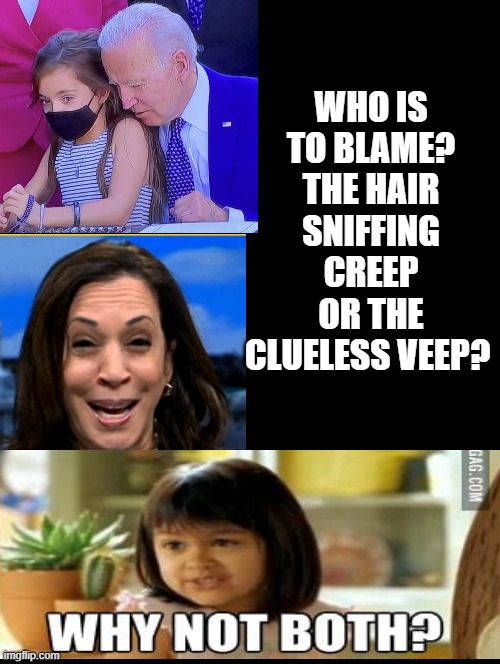 Who is to blame? | WHO IS TO BLAME? THE HAIR SNIFFING CREEP OR THE CLUELESS VEEP? | image tagged in stupid liberals,morons,creepy joe biden,kamala harris | made w/ Imgflip meme maker