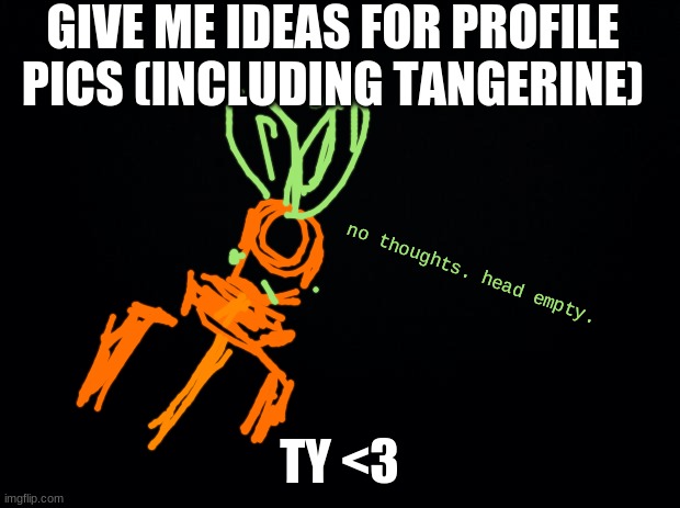 comment if you have an idea! | GIVE ME IDEAS FOR PROFILE PICS (INCLUDING TANGERINE); no thoughts. head empty. TY <3 | image tagged in black background | made w/ Imgflip meme maker