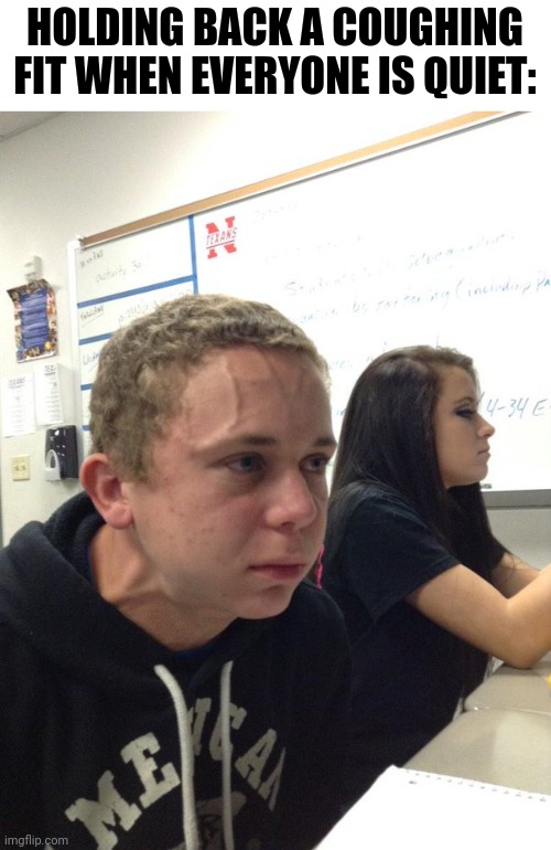 Wear your masks, fellow childrens | HOLDING BACK A COUGHING FIT WHEN EVERYONE IS QUIET: | image tagged in holding back | made w/ Imgflip meme maker