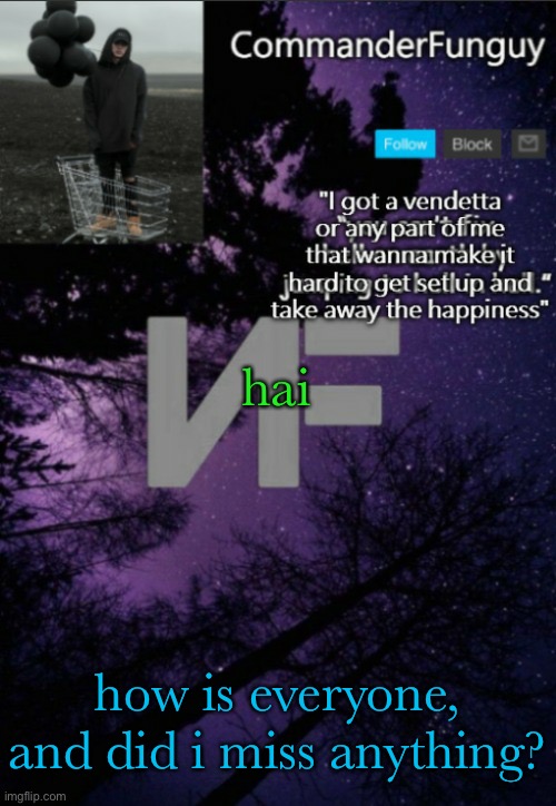haii | hai; how is everyone, and did i miss anything? | image tagged in commanderfunguy nf template thx yachi | made w/ Imgflip meme maker