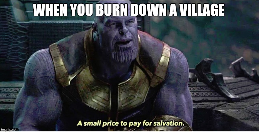 A small price to pay for salvation | WHEN YOU BURN DOWN A VILLAGE | image tagged in a small price to pay for salvation | made w/ Imgflip meme maker
