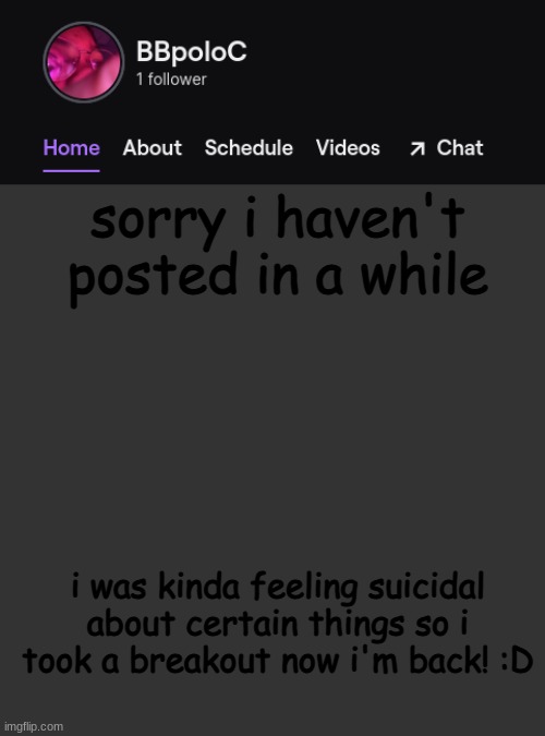i know i was on my alt but i only went on there if people needed me and i checked every 4hrs | sorry i haven't posted in a while; i was kinda feeling suicidal about certain things so i took a breakout now i'm back! :D | image tagged in twitch template | made w/ Imgflip meme maker