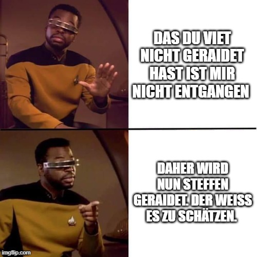 Geordi Drake | DAS DU VIET NICHT GERAIDET HAST IST MIR NICHT ENTGANGEN; DAHER WIRD NUN STEFFEN GERAIDET. DER WEISS ES ZU SCHÄTZEN. | image tagged in geordi drake | made w/ Imgflip meme maker