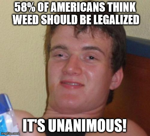 its unanimous! | 58% OF AMERICANS THINK WEED SHOULD BE LEGALIZED IT'S UNANIMOUS! | image tagged in memes,10 guy | made w/ Imgflip meme maker