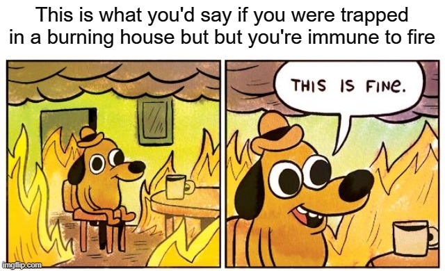 This is fine | This is what you'd say if you were trapped in a burning house but but you're immune to fire | image tagged in memes,this is fine,lol | made w/ Imgflip meme maker