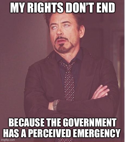 Face You Make Robert Downey Jr Meme | MY RIGHTS DON’T END BECAUSE THE GOVERNMENT HAS A PERCEIVED EMERGENCY | image tagged in memes,face you make robert downey jr | made w/ Imgflip meme maker