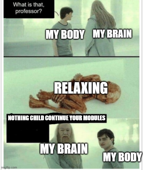 Me studying in Quarantine | MY BRAIN; MY BODY; RELAXING; NOTHING CHILD CONTINUE YOUR MODULES; MY BRAIN; MY BODY | image tagged in let it rest | made w/ Imgflip meme maker