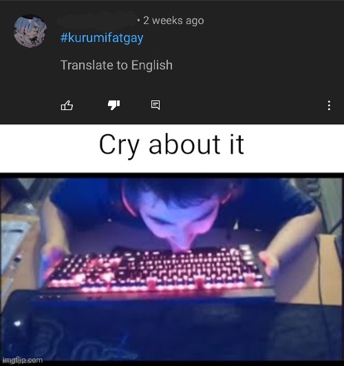 Gay isn't even an insult... | image tagged in kurumi cry about it,cry about it,geometry dash,kurumi licking his keyboard,snowflake,meanwhile in russia | made w/ Imgflip meme maker