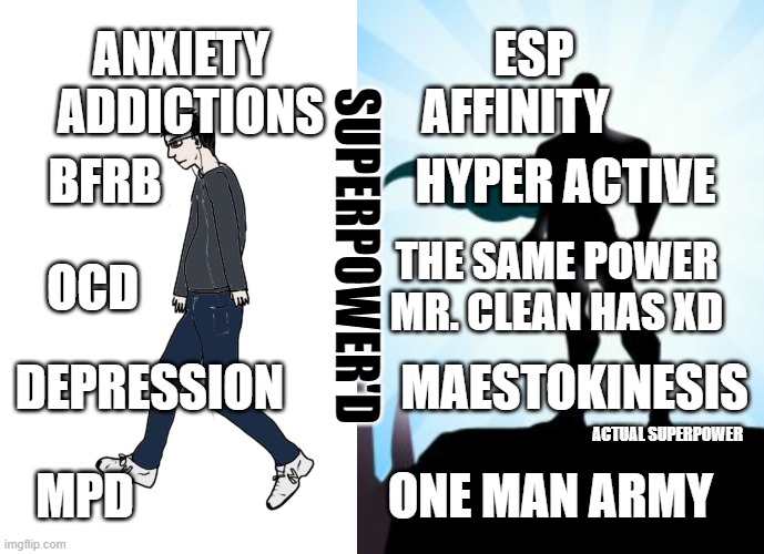 Mad lads!                                                  Assemble. | ANXIETY                       ESP
ADDICTIONS          AFFINITY; SUPERPOWER'D; BFRB                          HYPER ACTIVE; THE SAME POWER MR. CLEAN HAS XD; OCD; DEPRESSION            MAESTOKINESIS; ACTUAL SUPERPOWER; MPD                          ONE MAN ARMY | image tagged in chad vs normie,memes,funny,mad pride,superheroes | made w/ Imgflip meme maker