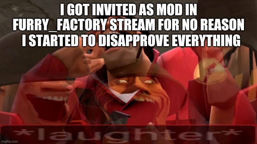 soldier laughing earrape | I GOT INVITED AS MOD IN FURRY_FACTORY STREAM FOR NO REASON; I STARTED TO DISAPPROVE EVERYTHING | image tagged in soldier laughing earrape | made w/ Imgflip meme maker